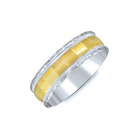 Two Tone Diamond Cut Edges Wedding Band. 7mm